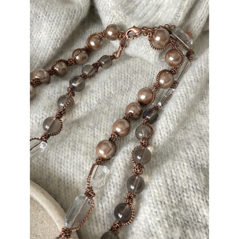 Copper Tone Multi Strand Beaded Necklace Faux Pearl Clear‎ Gray Beads Romantic